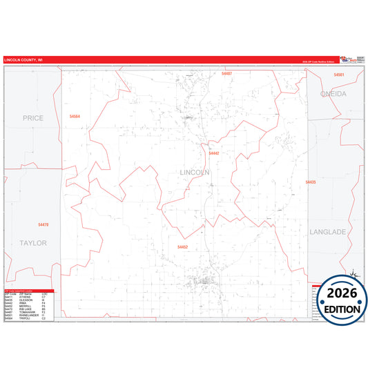 Lincoln County, WI Red Line 5 Digit ZIP Code Wall Map