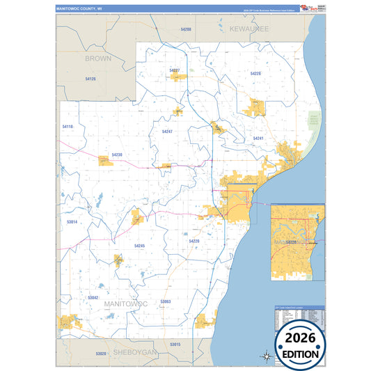 Manitowoc County, WI Business Reference 5 Digit ZIP Code Wall Map