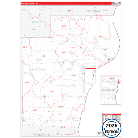 Manitowoc County, WI Red Line 5 Digit ZIP Code Wall Map