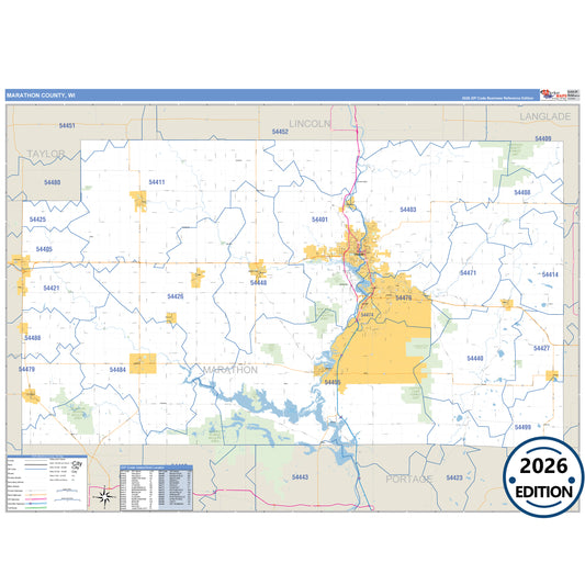 Marathon County, WI Business Reference 5 Digit ZIP Code Wall Map