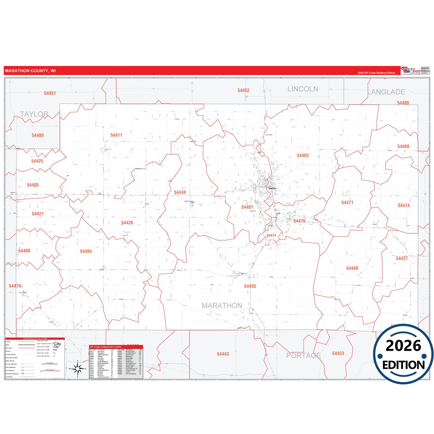 Marathon County, WI Red Line 5 Digit ZIP Code Wall Map