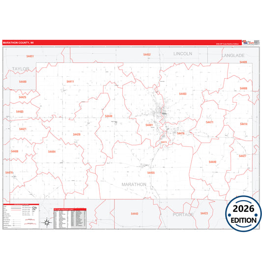 Marathon County, WI Red Line 5 Digit ZIP Code Wall Map