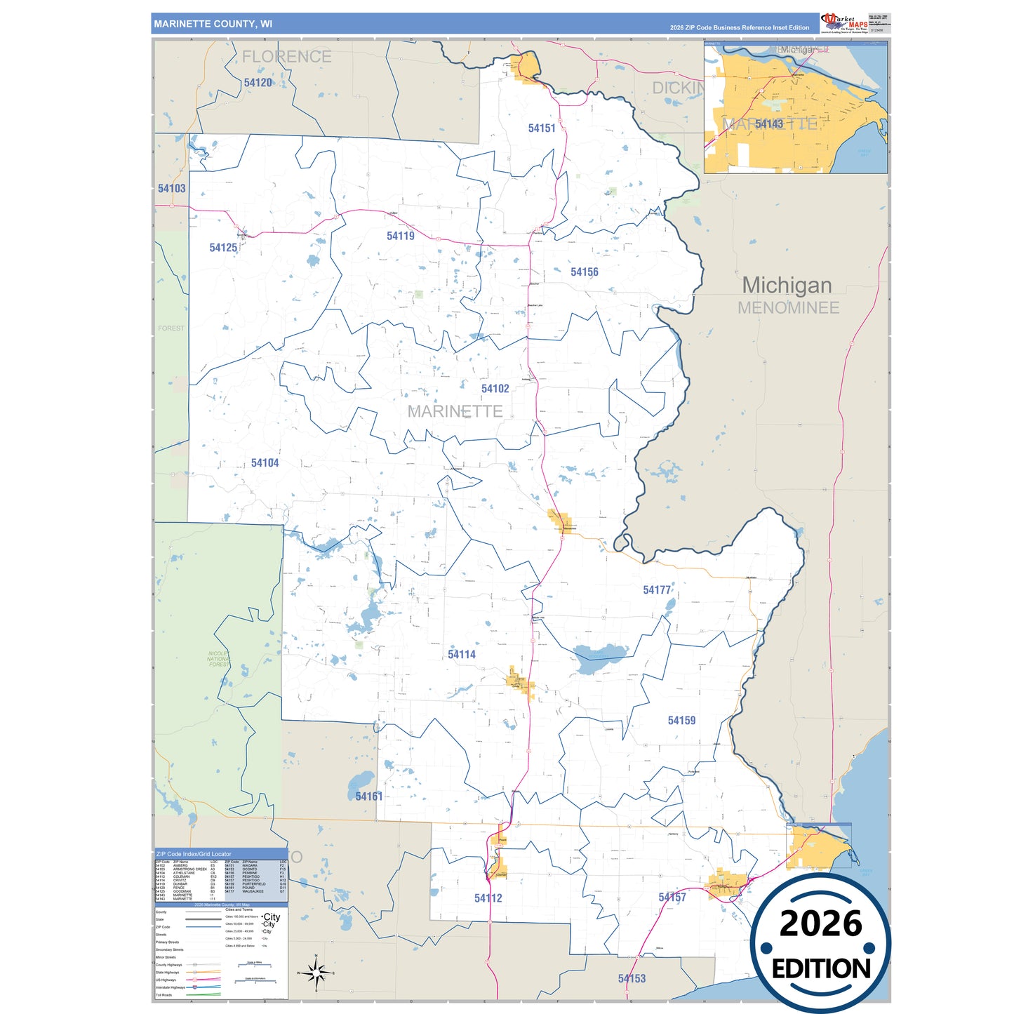 Marinette County, WI Business Reference 5 Digit ZIP Code Wall Map