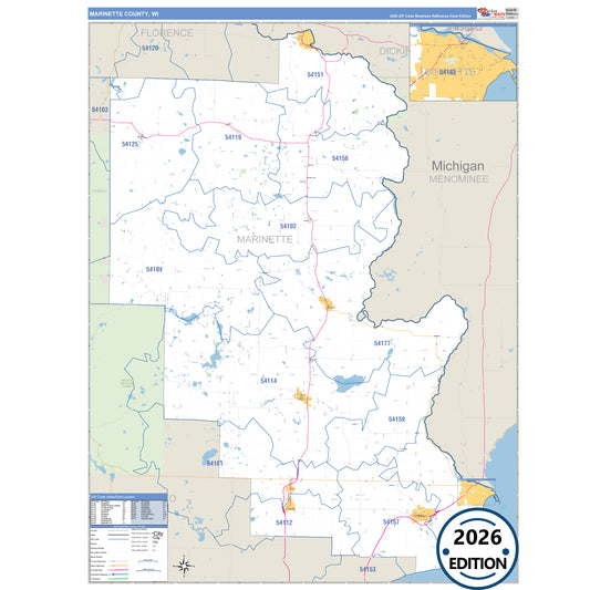Marinette County, WI Business Reference 5 Digit ZIP Code Wall Map