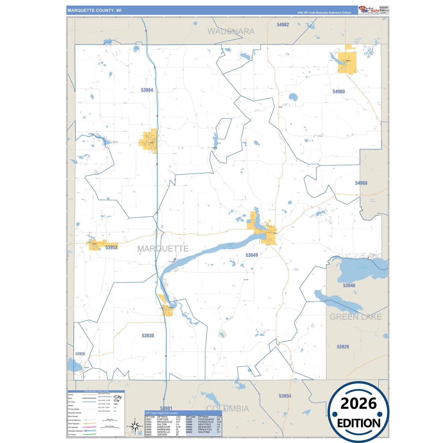 Marquette County, WI Business Reference 5 Digit ZIP Code Wall Map