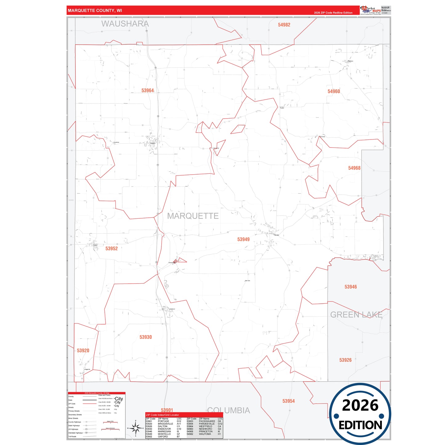 Marquette County, WI Red Line 5 Digit ZIP Code Wall Map