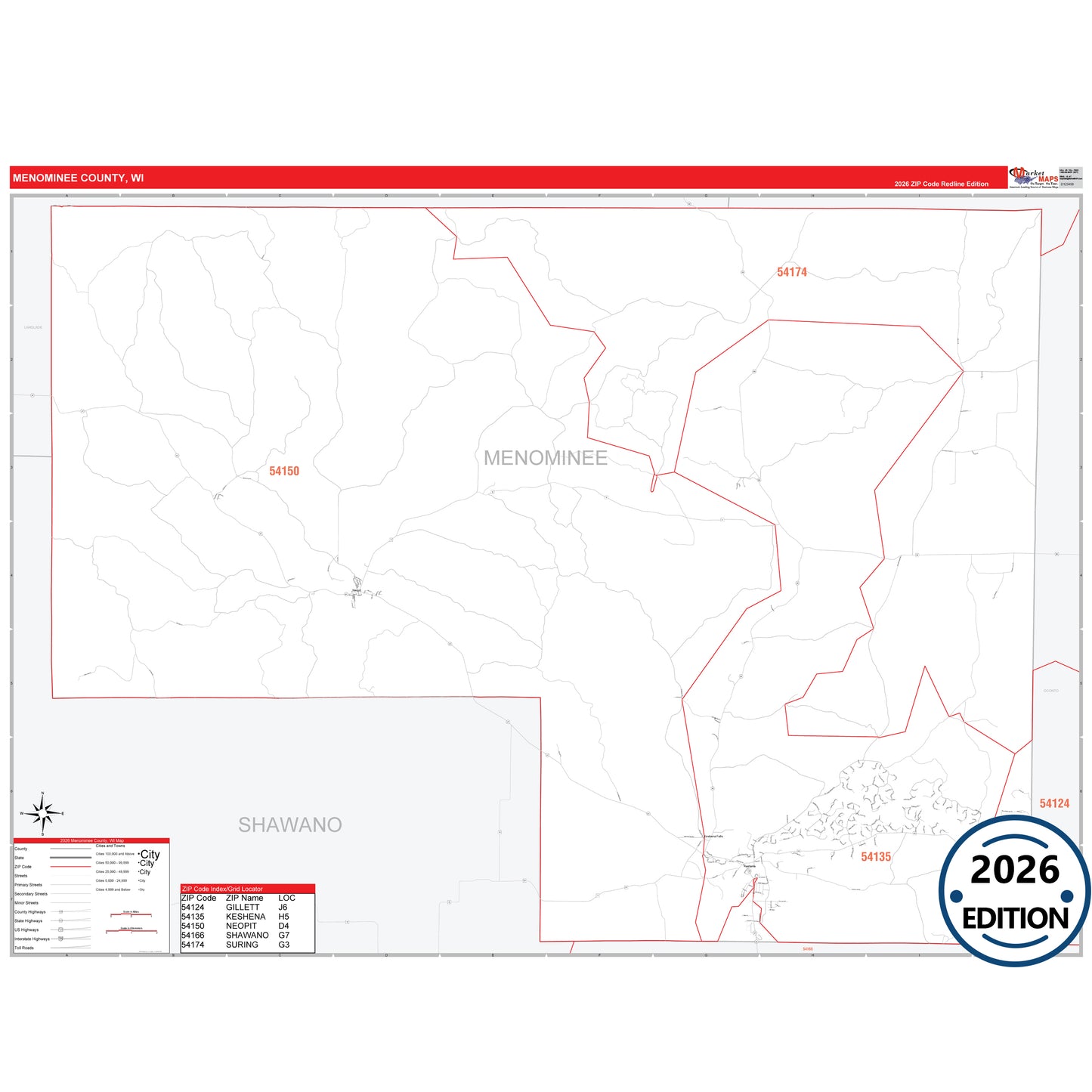 Menominee County, WI Red Line 5 Digit ZIP Code Wall Map