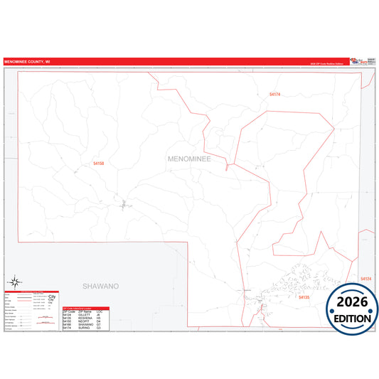 Menominee County, WI Red Line 5 Digit ZIP Code Wall Map