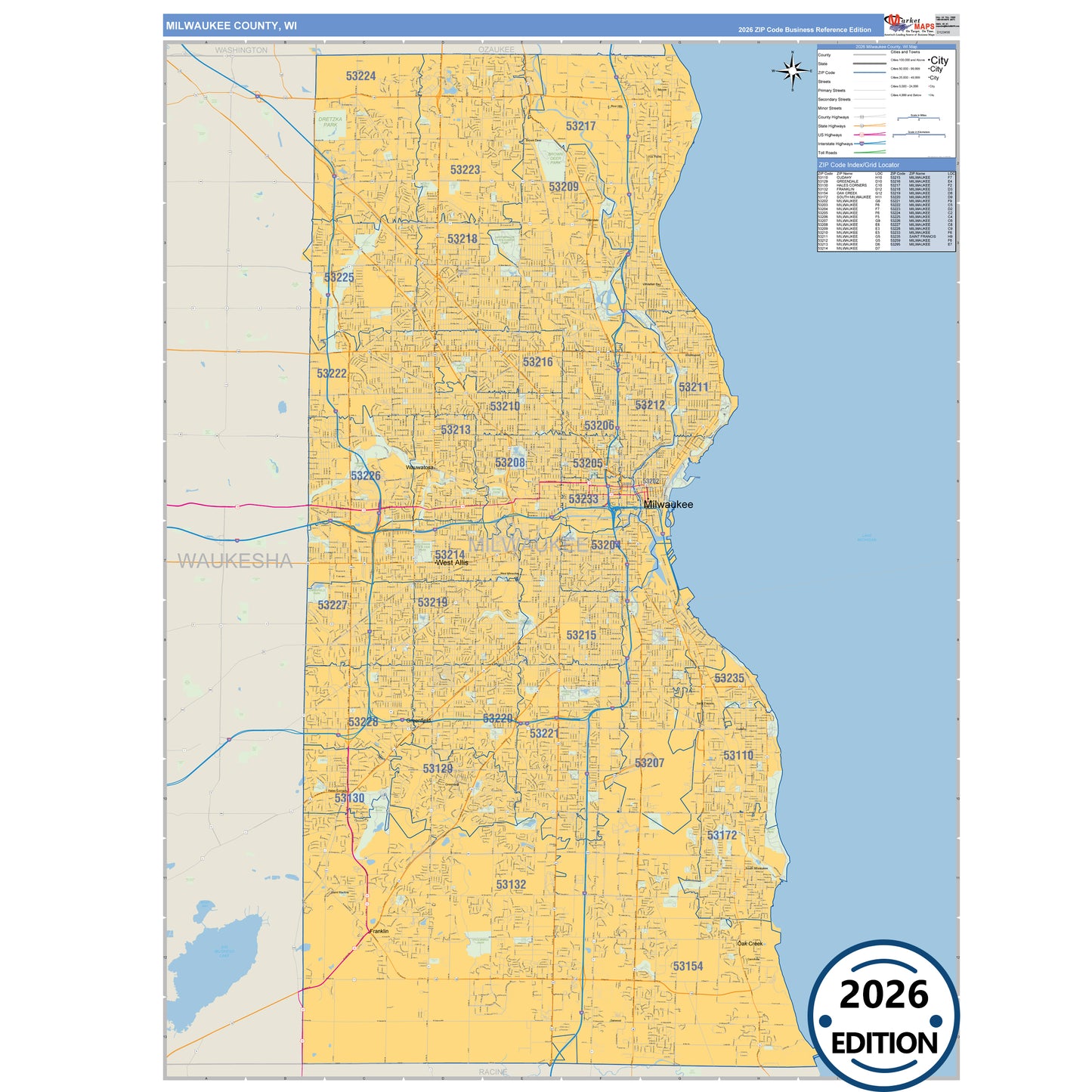 Milwaukee County, WI Business Reference 5 Digit ZIP Code Wall Map