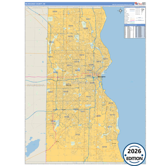 Milwaukee County, WI Business Reference 5 Digit ZIP Code Wall Map