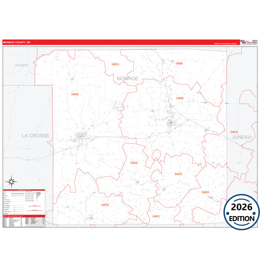 Monroe County, WI Red Line 5 Digit ZIP Code Wall Map