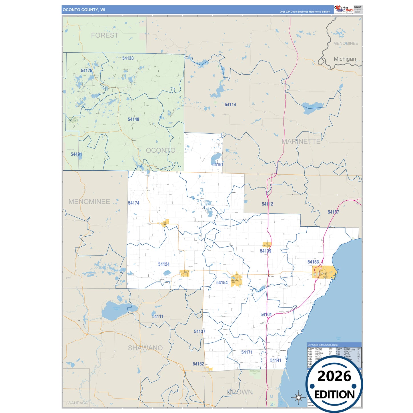 Oconto County, WI Business Reference 5 Digit ZIP Code Wall Map