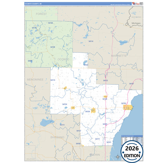 Oconto County, WI Business Reference 5 Digit ZIP Code Wall Map