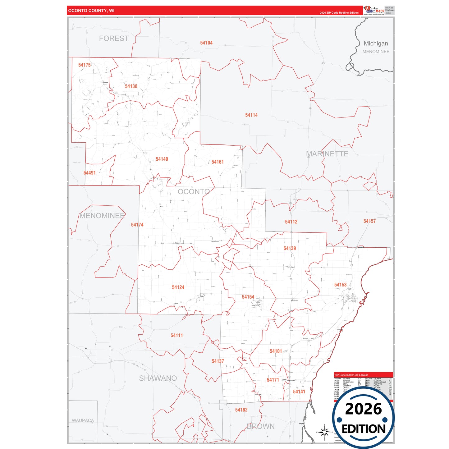 Oconto County, WI Red Line 5 Digit ZIP Code Wall Map