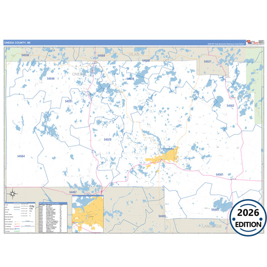 Oneida County, WI Business Reference 5 Digit ZIP Code Wall Map