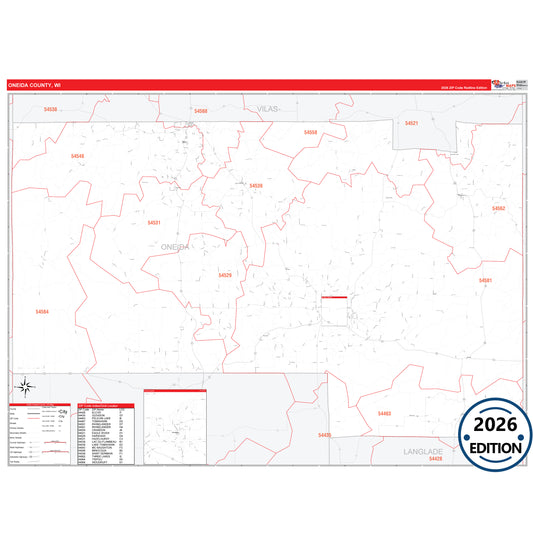 Oneida County, WI Red Line 5 Digit ZIP Code Wall Map