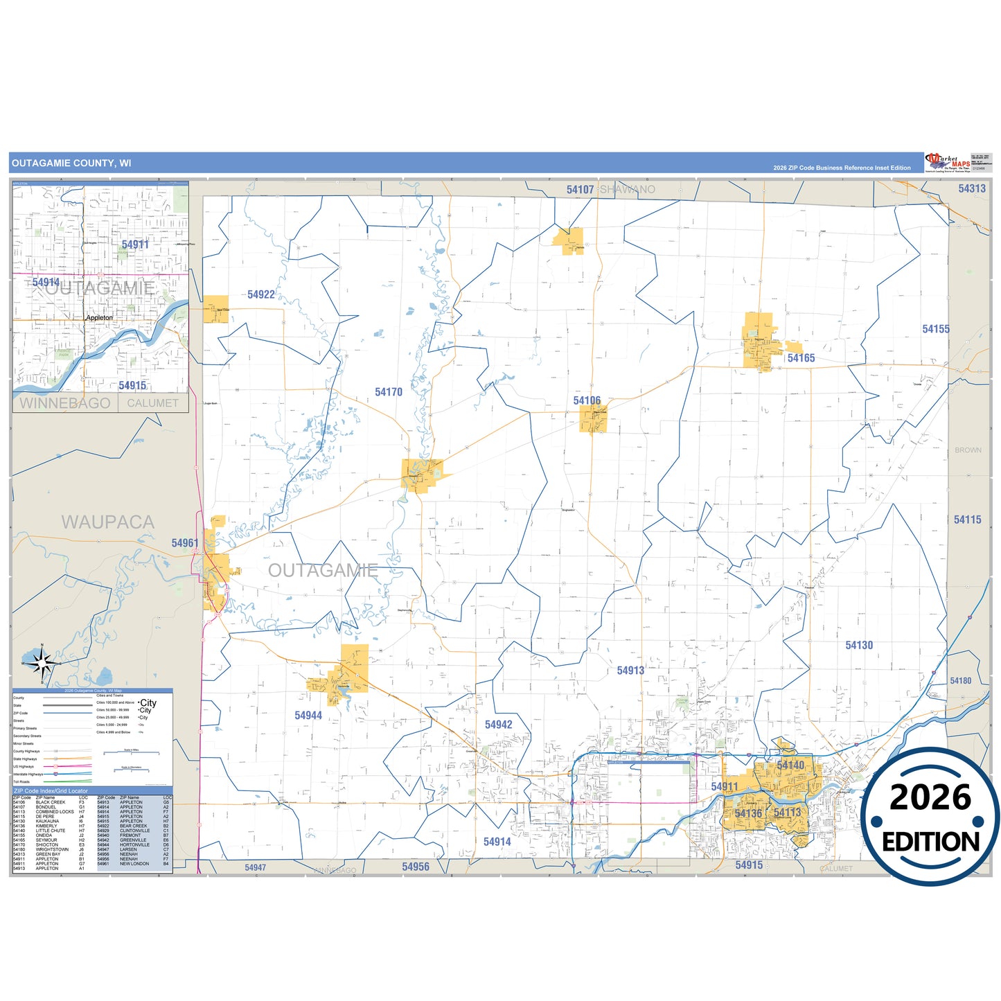 Outagamie County, WI Business Reference 5 Digit ZIP Code Wall Map
