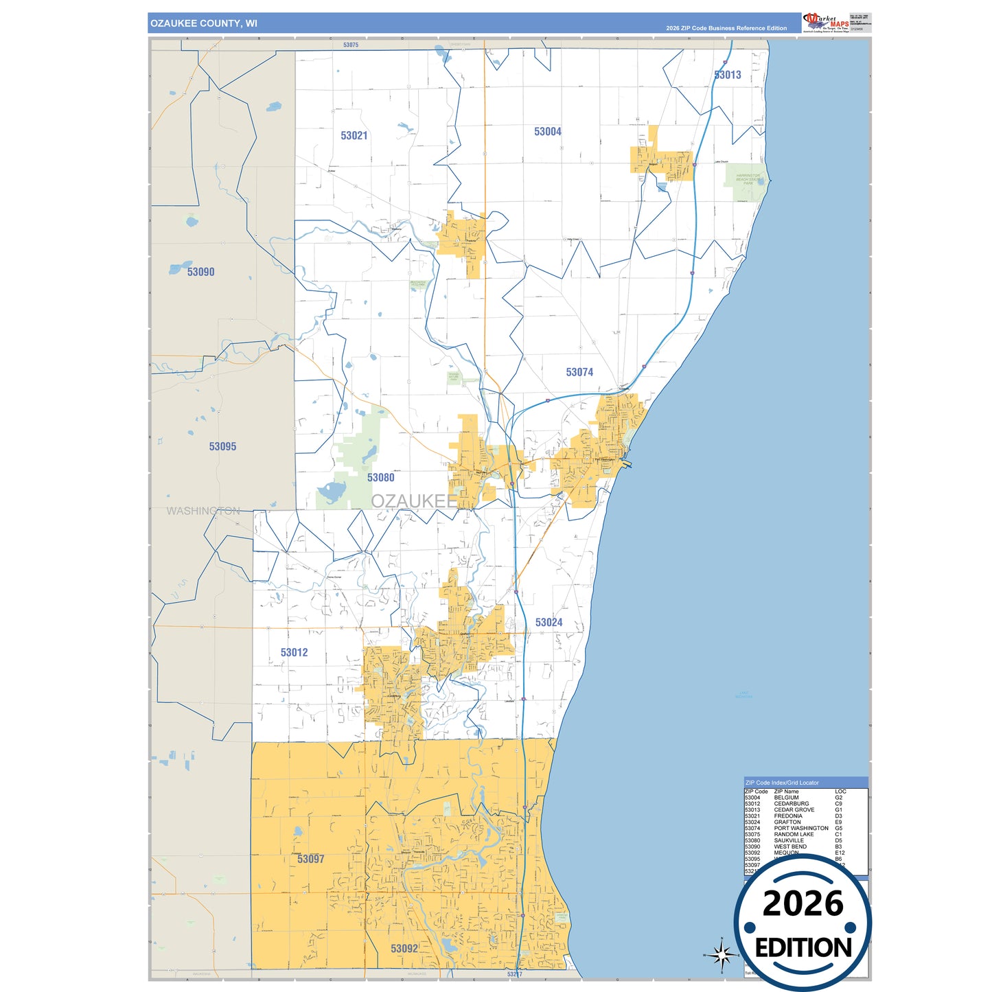 Ozaukee County, WI Business Reference 5 Digit ZIP Code Wall Map