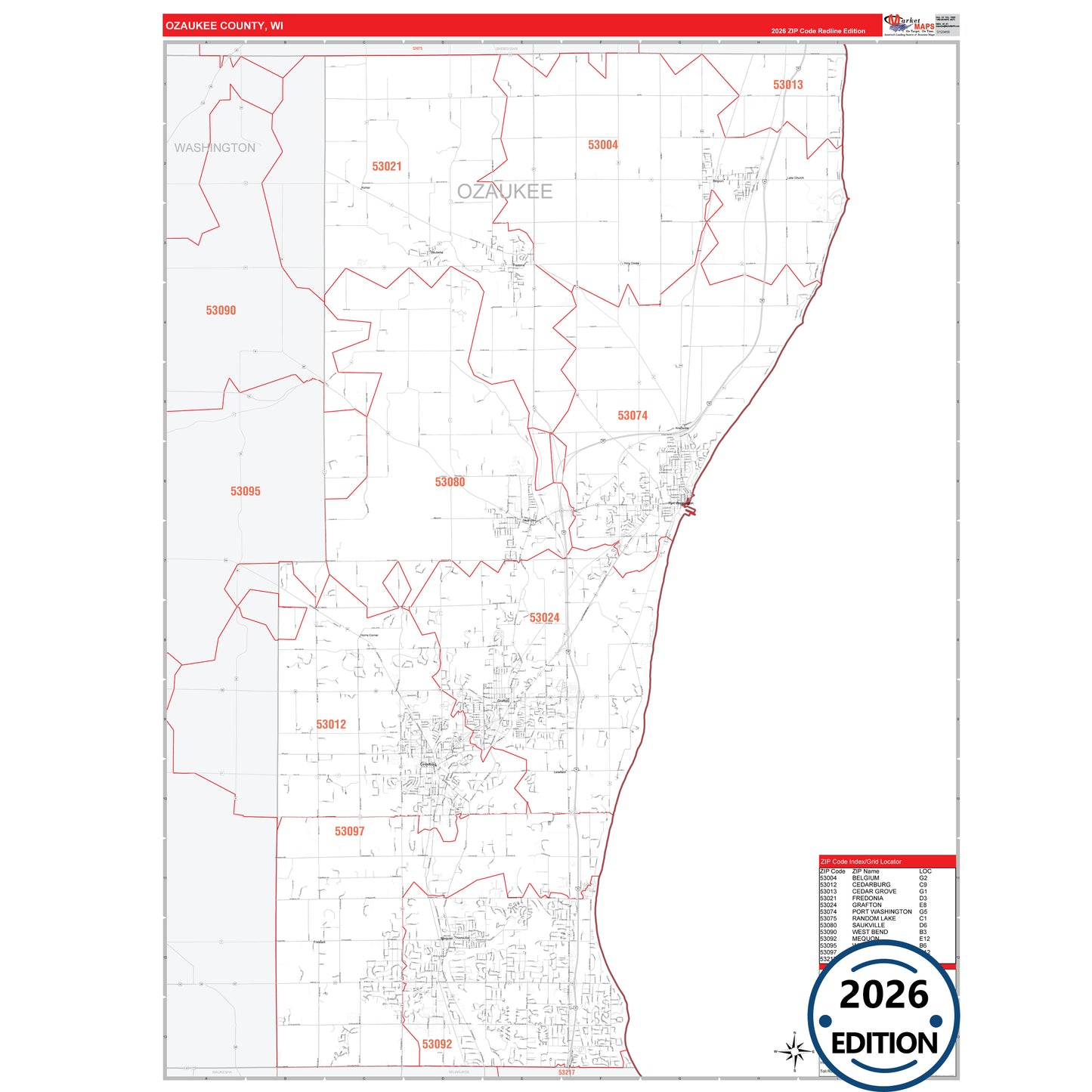 Ozaukee County, WI Red Line 5 Digit ZIP Code Wall Map