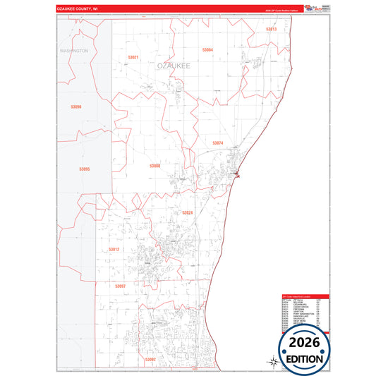Ozaukee County, WI Red Line 5 Digit ZIP Code Wall Map