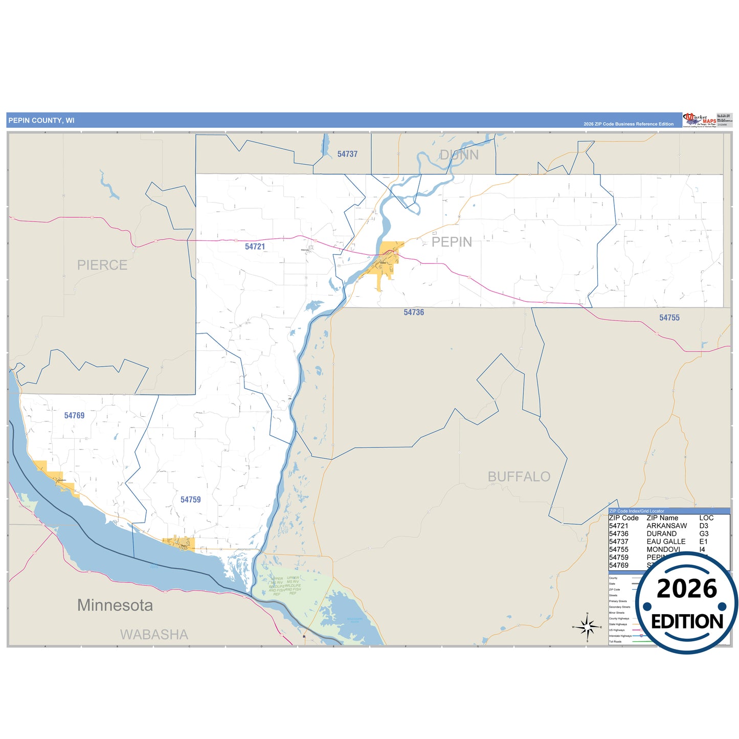 Pepin County, WI Business Reference 5 Digit ZIP Code Wall Map