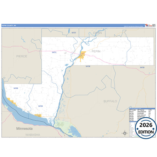 Pepin County, WI Business Reference 5 Digit ZIP Code Wall Map