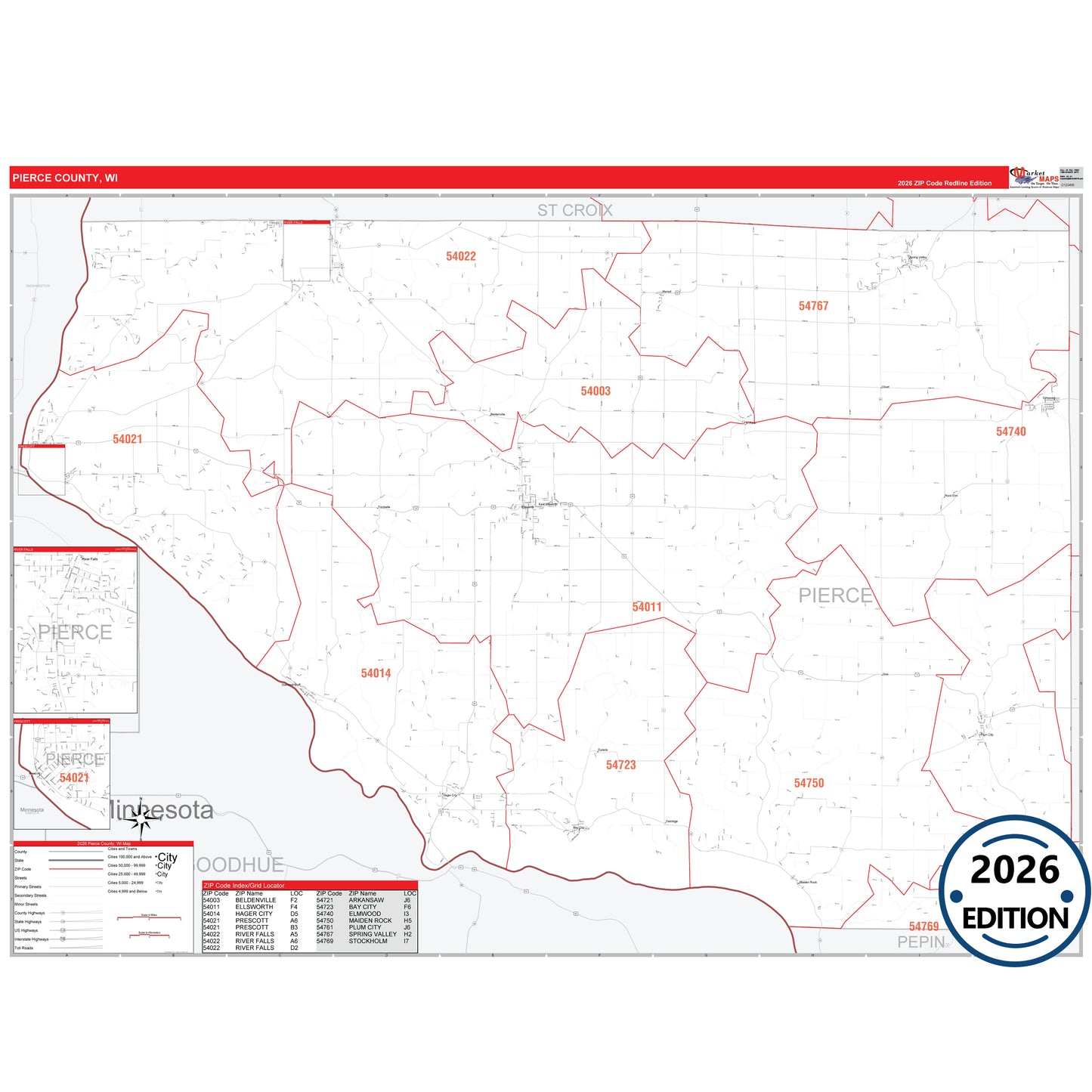 Pierce County, WI Red Line 5 Digit ZIP Code Wall Map