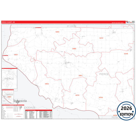 Pierce County, WI Red Line 5 Digit ZIP Code Wall Map