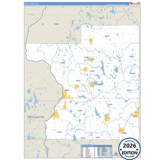 Polk County, WI Business Reference 5 Digit ZIP Code Wall Map
