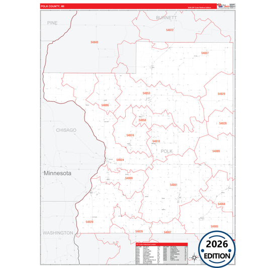 Polk County, WI Red Line 5 Digit ZIP Code Wall Map