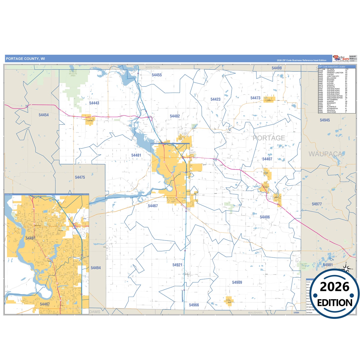 Portage County, WI Business Reference 5 Digit ZIP Code Wall Map