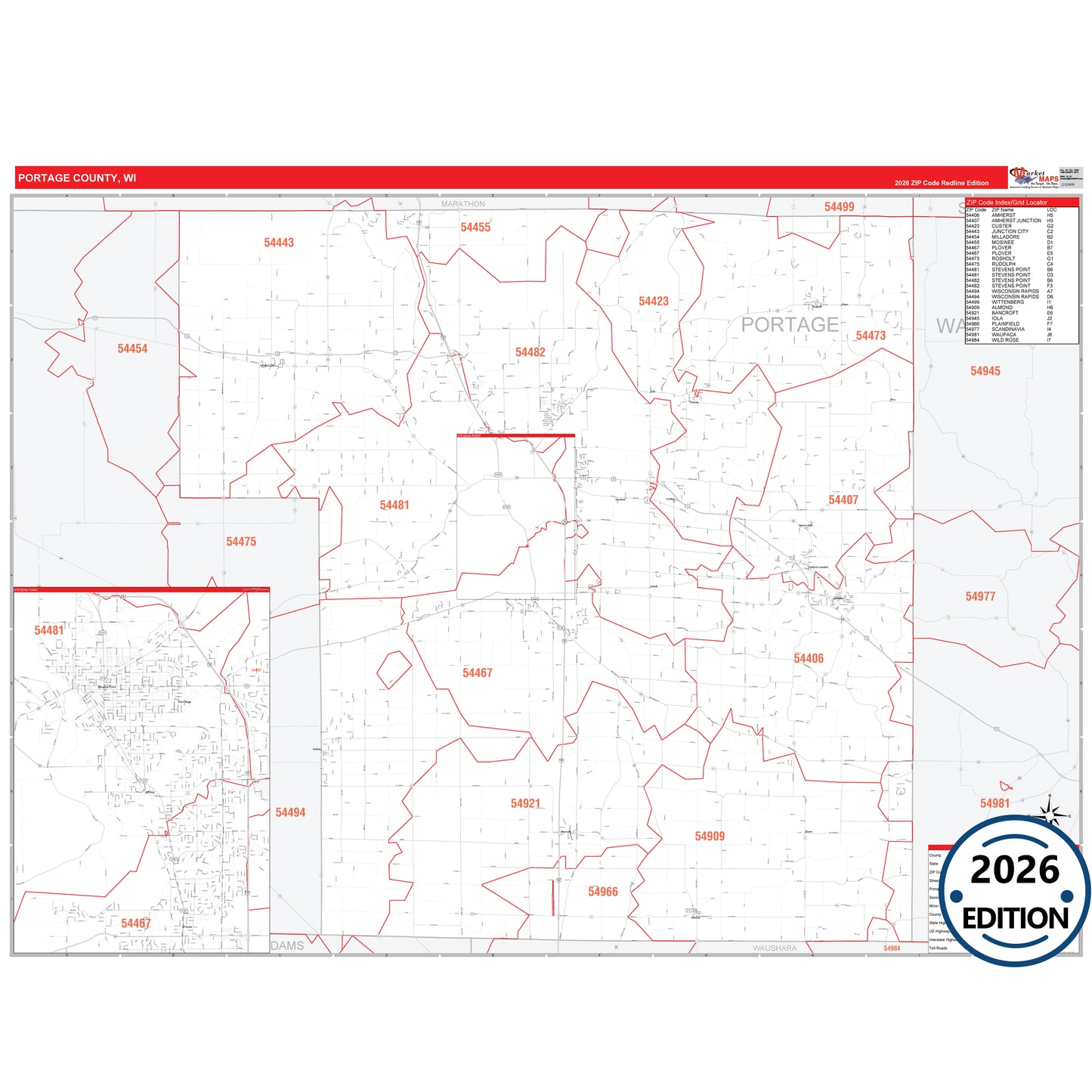 Portage County, WI Red Line 5 Digit ZIP Code Wall Map