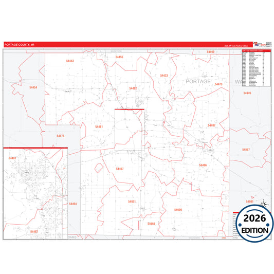 Portage County, WI Red Line 5 Digit ZIP Code Wall Map