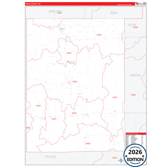 Price County, WI Red Line 5 Digit ZIP Code Wall Map