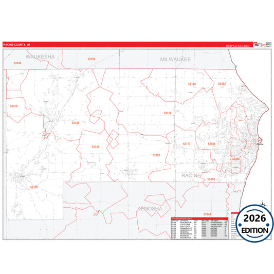 Racine County, WI Red Line 5 Digit ZIP Code Wall Map