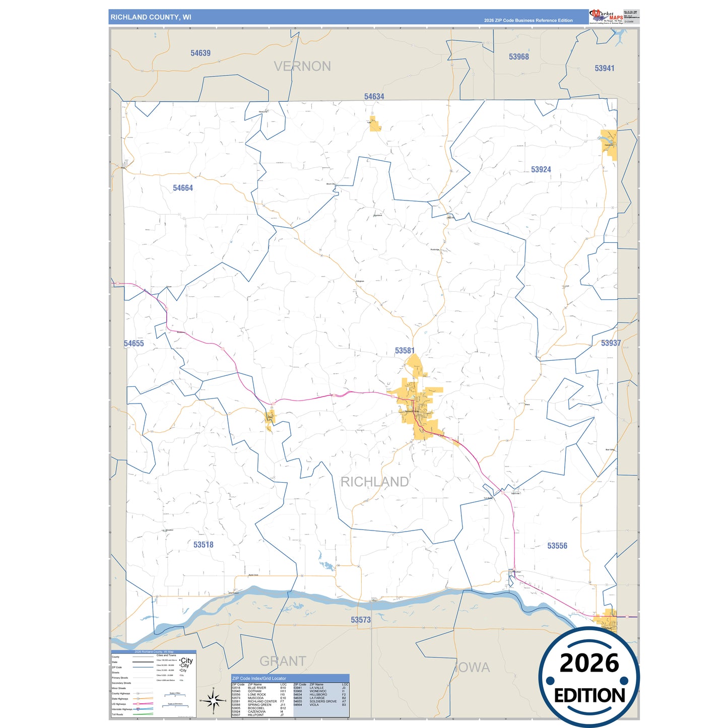 Richland County, WI Business Reference 5 Digit ZIP Code Wall Map