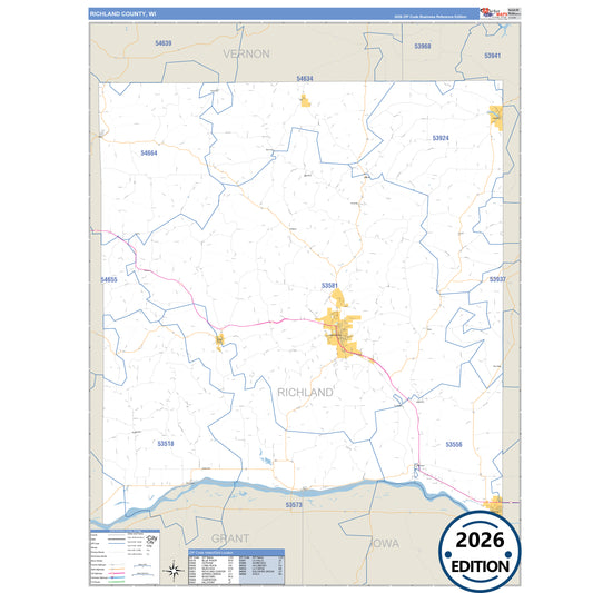 Richland County, WI Business Reference 5 Digit ZIP Code Wall Map
