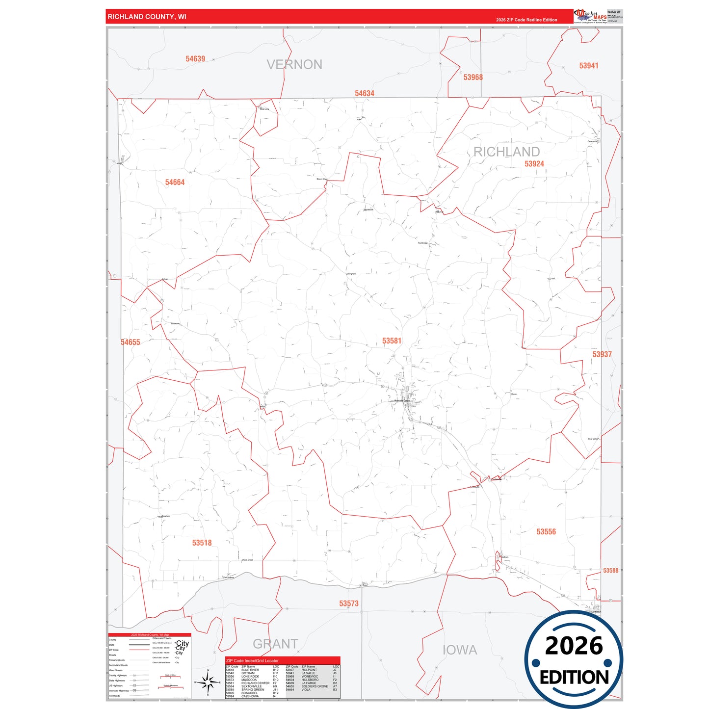 Richland County, WI Red Line 5 Digit ZIP Code Wall Map