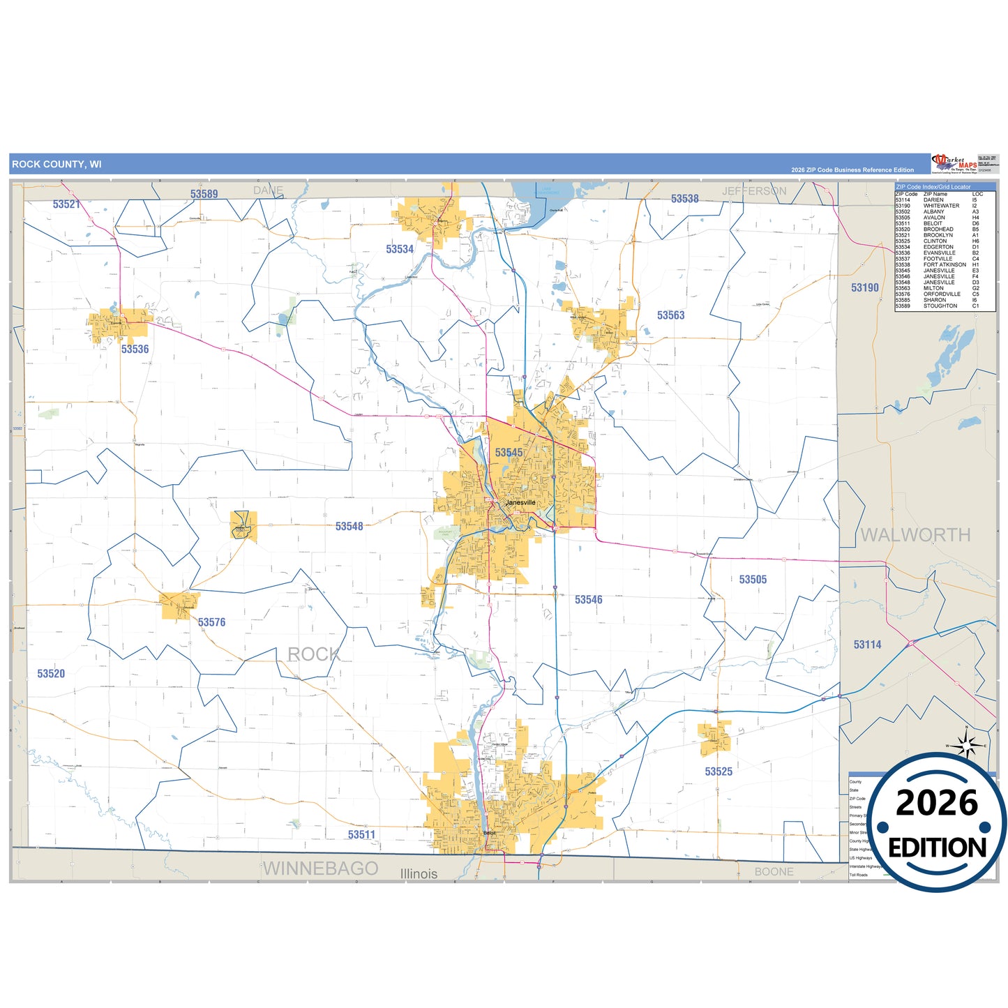 Rock County, WI Business Reference 5 Digit ZIP Code Wall Map