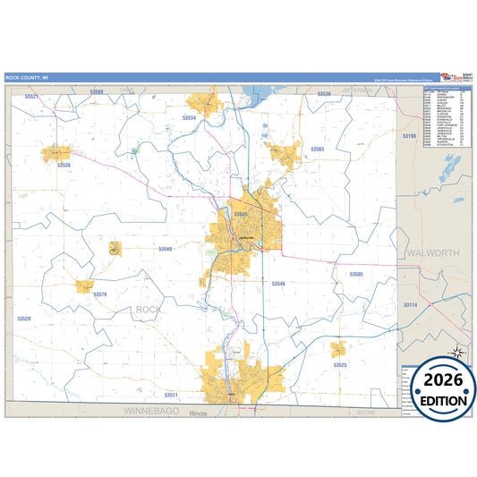 Rock County, WI Business Reference 5 Digit ZIP Code Wall Map