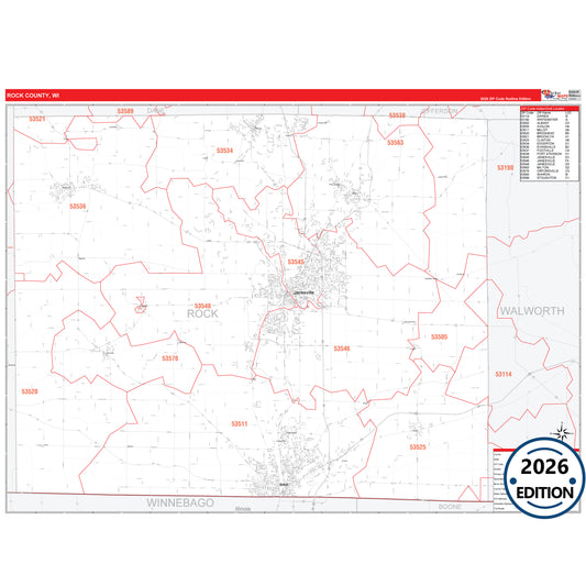 Rock County, WI Red Line 5 Digit ZIP Code Wall Map