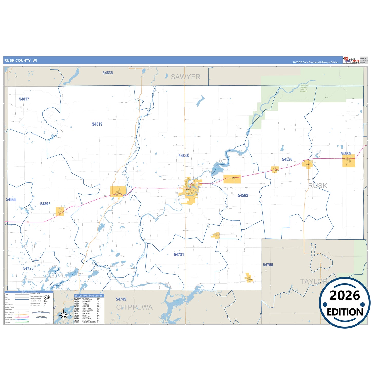 Rusk County, WI Business Reference 5 Digit ZIP Code Wall Map