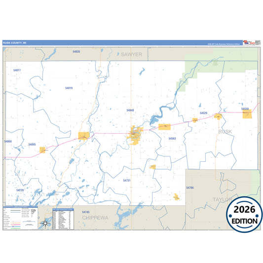 Rusk County, WI Business Reference 5 Digit ZIP Code Wall Map