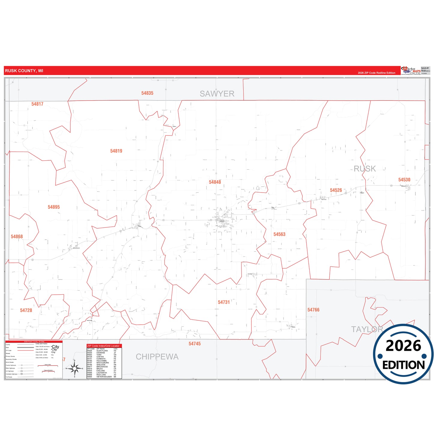 Rusk County, WI Red Line 5 Digit ZIP Code Wall Map
