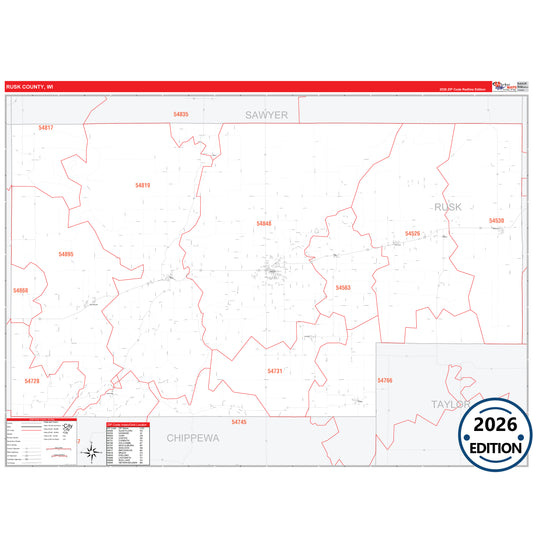 Rusk County, WI Red Line 5 Digit ZIP Code Wall Map