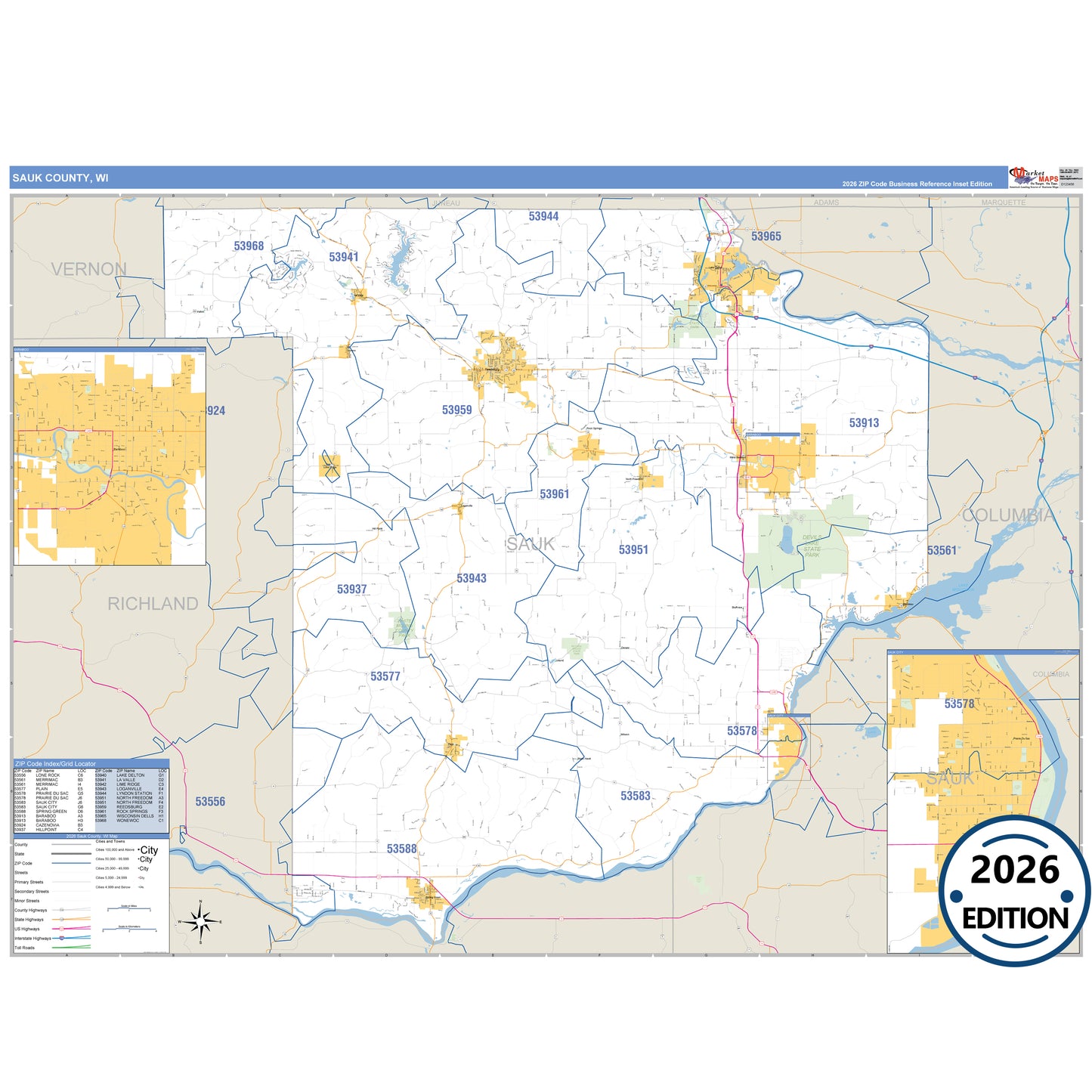 Sauk County, WI Business Reference 5 Digit ZIP Code Wall Map