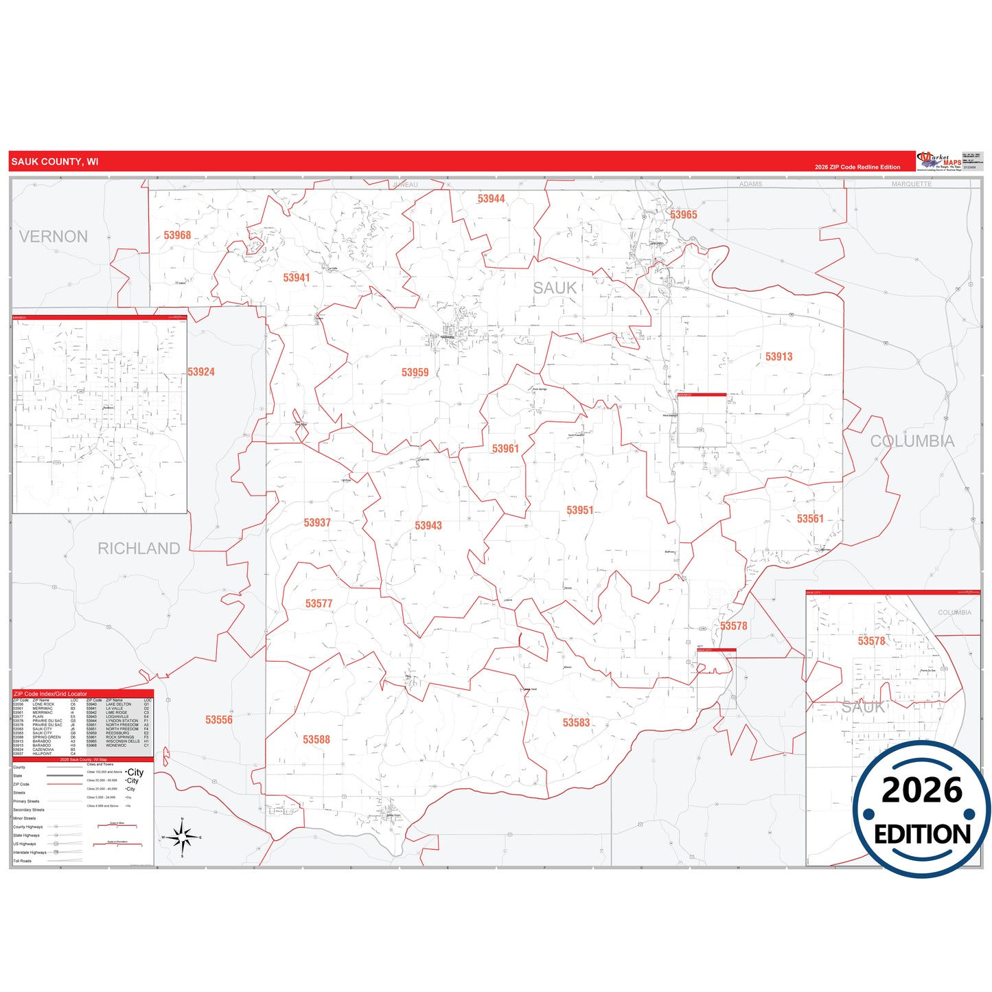 Sauk County, WI Red Line 5 Digit ZIP Code Wall Map