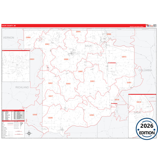 Sauk County, WI Red Line 5 Digit ZIP Code Wall Map
