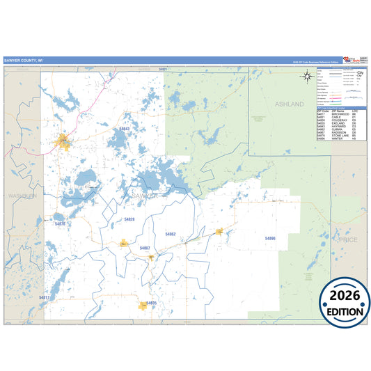 Sawyer County, WI Business Reference 5 Digit ZIP Code Wall Map