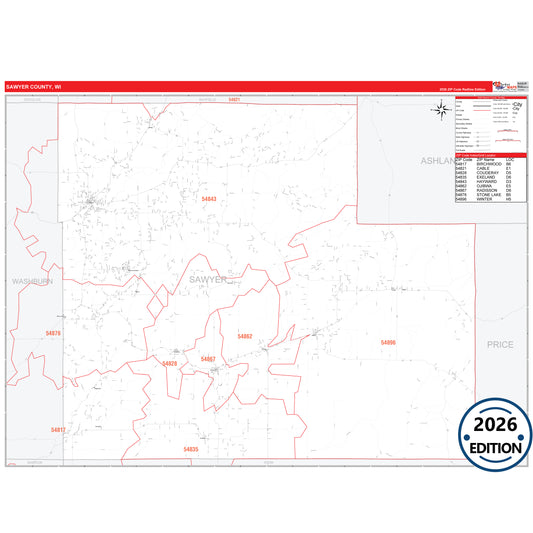 Sawyer County, WI Red Line 5 Digit ZIP Code Wall Map